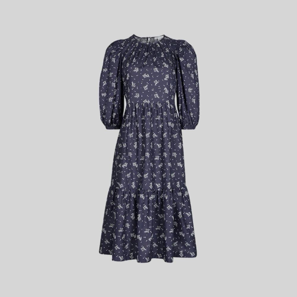 Summersalt The Tiered Cottage Midi Dress Medium Ditsy Floral Blue Boho Cotton